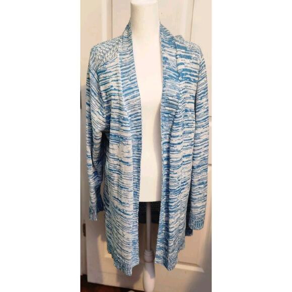 Chicos Sz 3 US L Blue White‎ Knit Open Cardigan Sweater 100% Cotton Long Sleeve - Picture 1 of 9